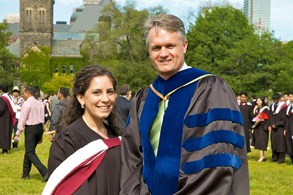 Professor William Cluett (right) with a student at University of Toronto convocation. The President’s Teaching Award is U of T’s highest honour for teaching.