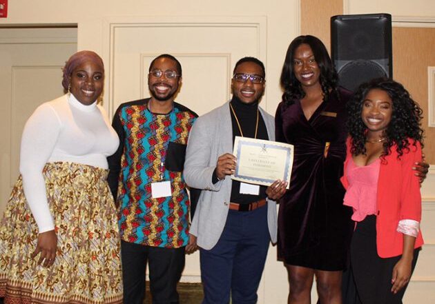 NSBE U of T Chapter receives Chapter of the Month honours for September at the National Society of Black Engineers Fall Region 1 Conference. From left: Rukayat Balogun, NSBE Region 1 Chair; Mikhail Burke, Dean’s Advisor on Black Inclusivity Initiatives and Student Inclusion &amp; Transition Mentor; Shane Arnold (CivE MEng); Portia Deterville (ChemE Year 4 + PEY), NSBE East Canada Zone Chair and Joy Aso, Membership Chairperson for NSBE Region 1. (Photo courtesy of Mikhail Burke)