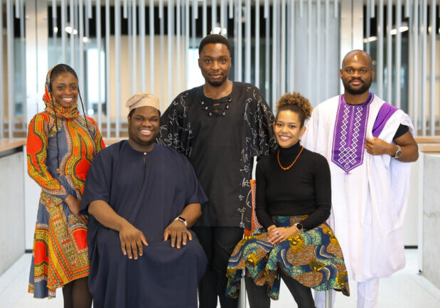 Five members of NSBE Graduate Student Chapter at the University of Toronto showcase clothing from their cultural backgrounds.